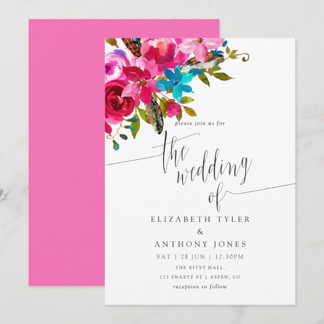 Pink Watercolor Boho Chic Floral Wedite Einladung (Vorne/Hinten)