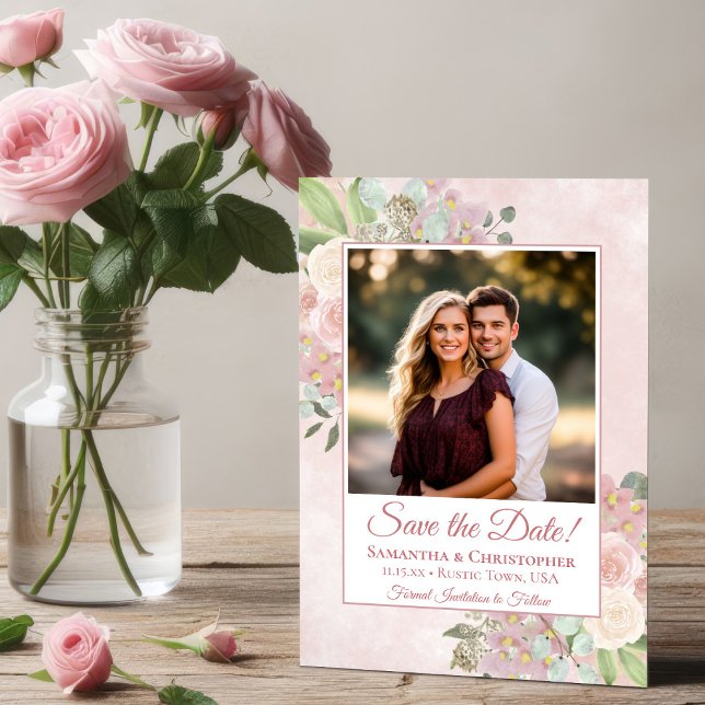 Pink Watercolor Boho Chic Foto Hochzeit Save The Date (Von Creator hochgeladen)