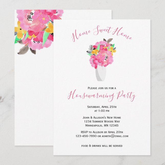 Pink Watercolor Bouquet | Blumenwärmung Einladung (Vorne/Hinten)