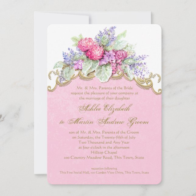 Pink Watercolor Bouquet Wedding Einladung (Vorderseite)