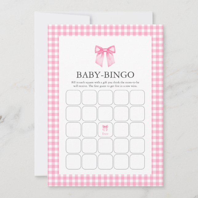 Pink Watercolor Bow Babydusche Bingo-Karte Einladung (Vorderseite)