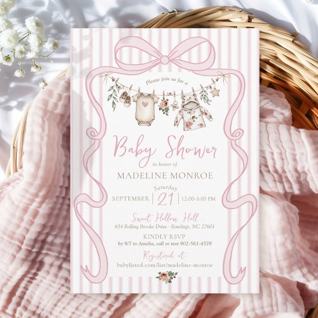 Pink Watercolor Bow Clothesline Baby Girl Shower Einladung (Modern pink bow frame cute baby girl watercolor floral clothesline stripes shower invitation)