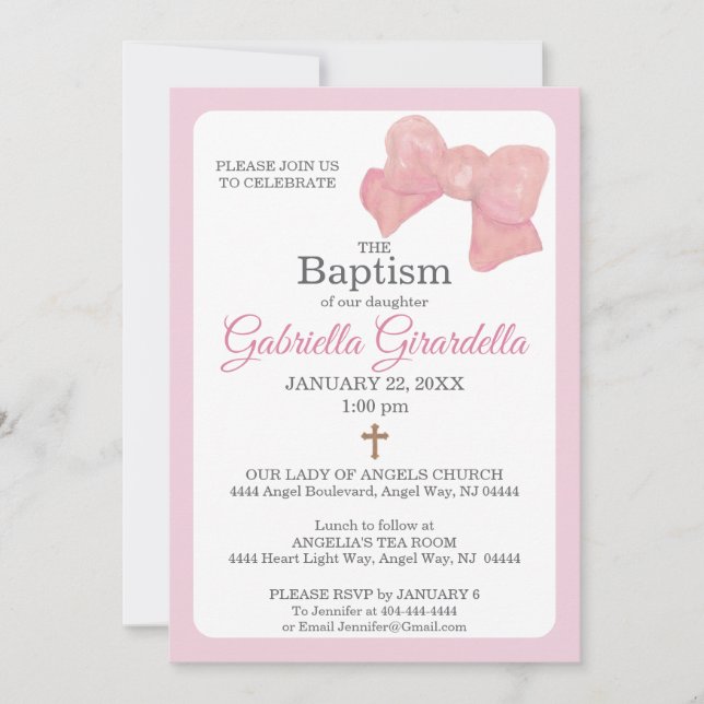 Pink Watercolor Bow & Cross Baptism Invitation (Devant)
