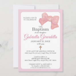 Pink Watercolor Bow & Cross Baptism Invitation Einladung