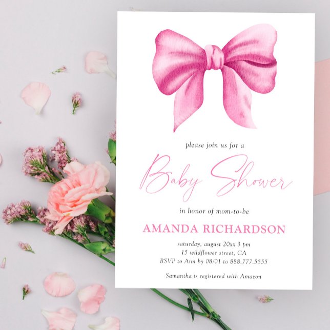 Pink Watercolor Bow Girl Babydusche Einladung (Von Creator hochgeladen)
