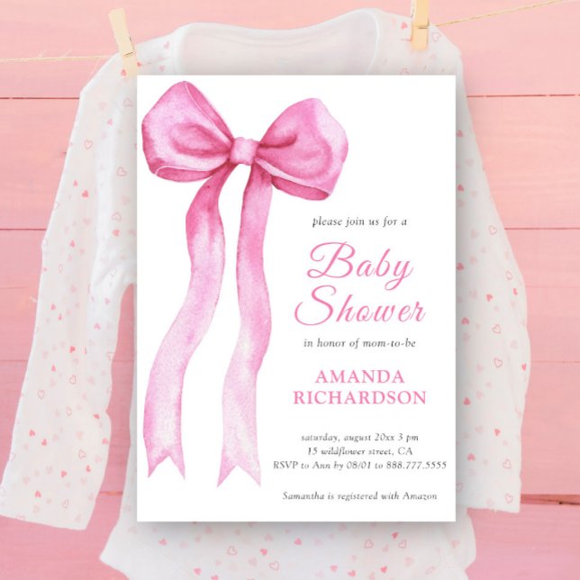 Pink Watercolor Bow Girl Babydusche Einladung (Von Creator hochgeladen)