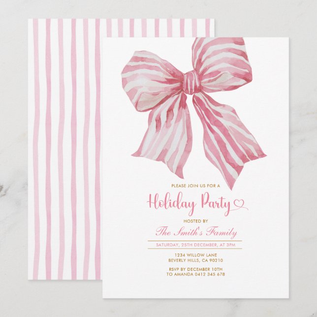 Pink Watercolor Bow Holiday Party Invitation Einladung (Vorne/Hinten)