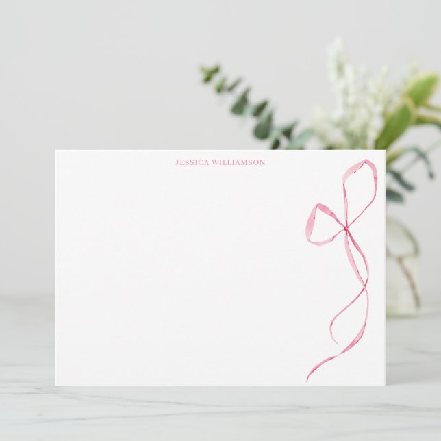 Pink Watercolor Bow Personalized Stationery Dankeskarte (Stehend Vorderseite)