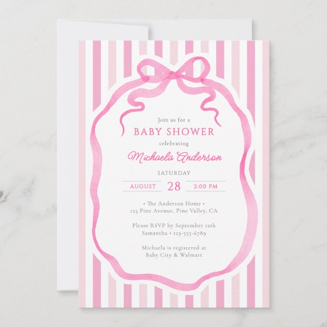 Pink Watercolor Bow & Stripes Baby Shower Einladung (Vorderseite)