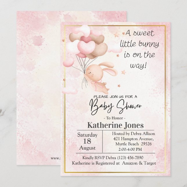 Pink Watercolor Bunny Rabbit Ballons Babydusche Einladung (Vorne/Hinten)