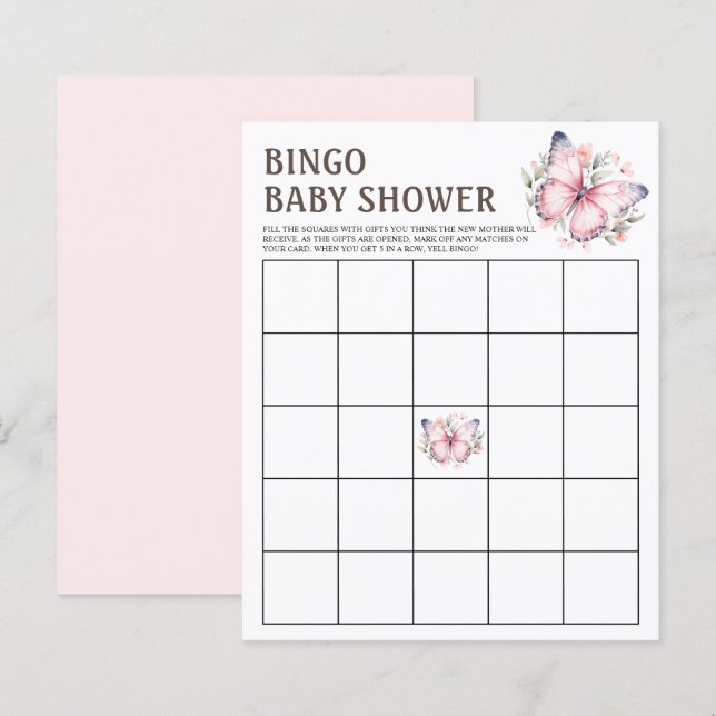 Pink Watercolor Butterfly Baby Dusche Bingo Spiel (Vorne/Hinten)