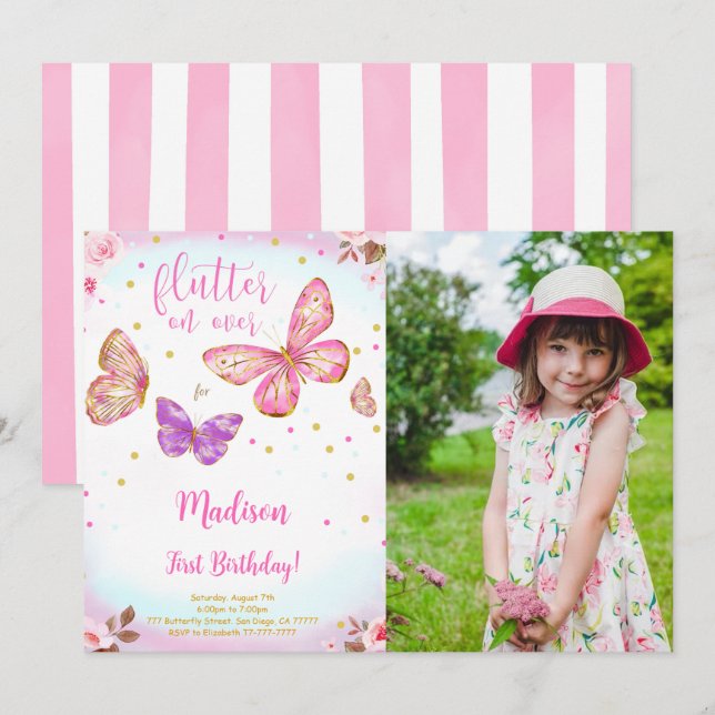 Pink Watercolor Butterfly Foto Einladung (Vorne/Hinten)