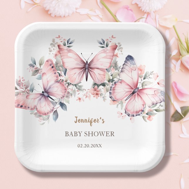 Pink Watercolor Butterfly Girl Babydusche Pappteller (Von Creator hochgeladen)