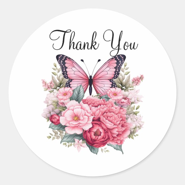 Pink Watercolor Butterfly und Blume Danke Runder Aufkleber (Vorderseite)