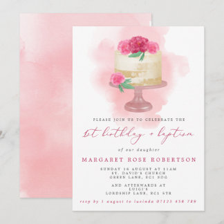 Pink Watercolor Cake Girl's 1. Geburtstag & Taufe Einladung