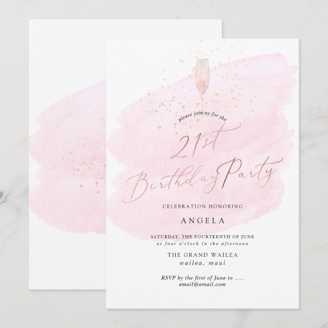 Pink Watercolor Champagne Glass+Bubbles Einladung (Vorne/Hinten)