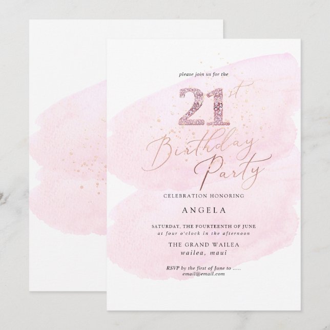 Pink Watercolor Champagnerbläschen 21. JAHRE Einladung (Vorne/Hinten)