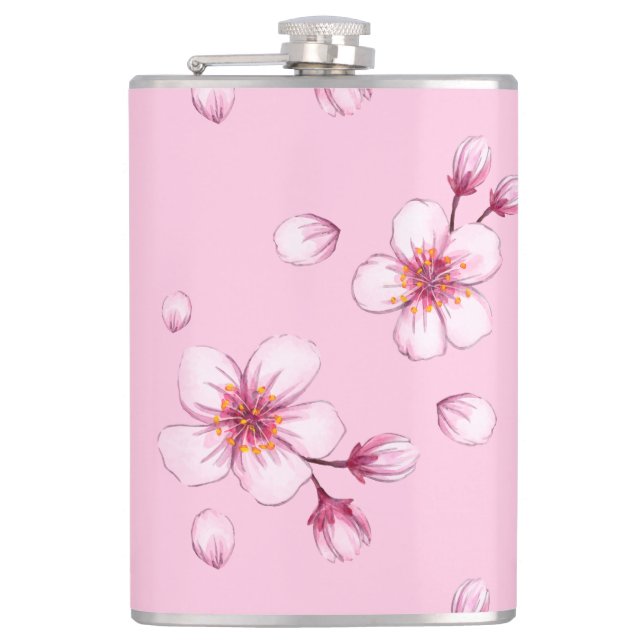 Pink Watercolor Cherry Blossom Muster Flachmann (Vorderseite)