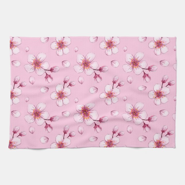 Pink Watercolor Cherry Blossom Muster Geschirrtuch (Horizontal)