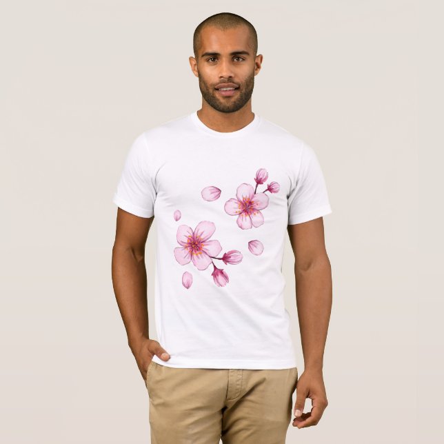 Pink Watercolor Cherry Blossom Muster T-Shirt (Vorne ganz)
