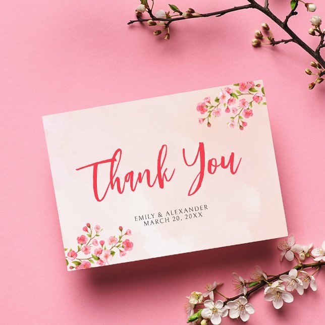 Pink Watercolor Cherry Blossom Spring Wedding Dankeskarte (Von Creator hochgeladen)