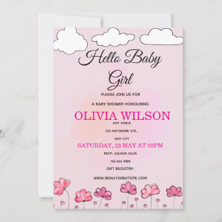 Pink Watercolor Clouds & Flowers Baby Girl Shower  Einladung