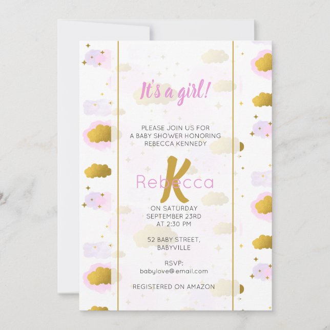 Pink Watercolor Clouds Gold Stars Sky Baby Dusche Einladung (Vorderseite)