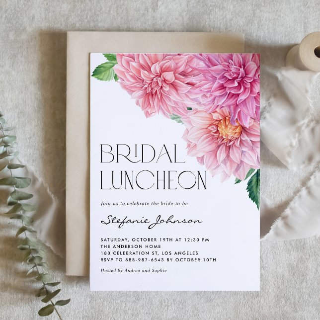 Pink Watercolor Dahlia Flowers Bridal Luncheon Einladung (Von Creator hochgeladen)