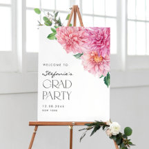 Pink Watercolor Dahlia Graduation Party Willkommen