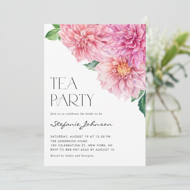 Pink Watercolor Dahlia Party Einladung (Stehend Vorderseite)