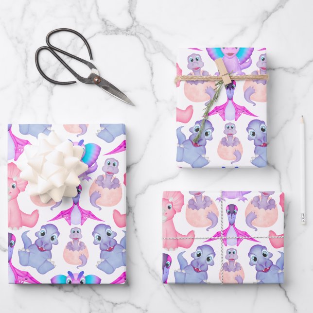 Pink Watercolor Dinosaurier Birthday Baby Dusche Geschenkpapier Set (Vorderseite)