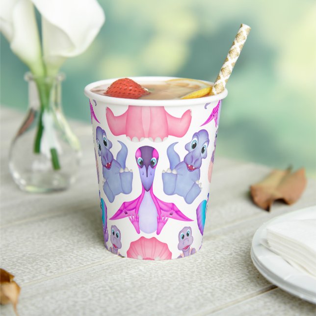 Pink Watercolor Dinosaurier Birthday Baby Dusche Pappbecher (In Situ)