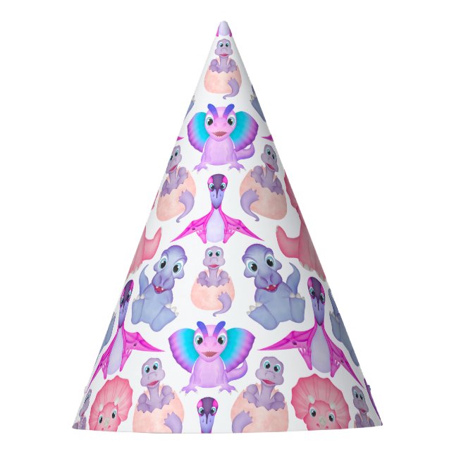 Pink Watercolor Dinosaurier Birthday Baby Dusche Partyhütchen (Vorderseite)