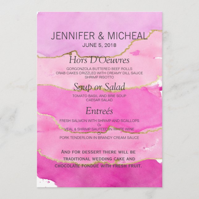 Pink Watercolor et Gold Mariage Menu (Devant)