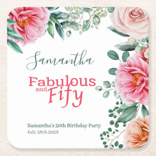 Pink Watercolor Floral 50. Geburtstagsparty Rechteckiger Pappuntersetzer