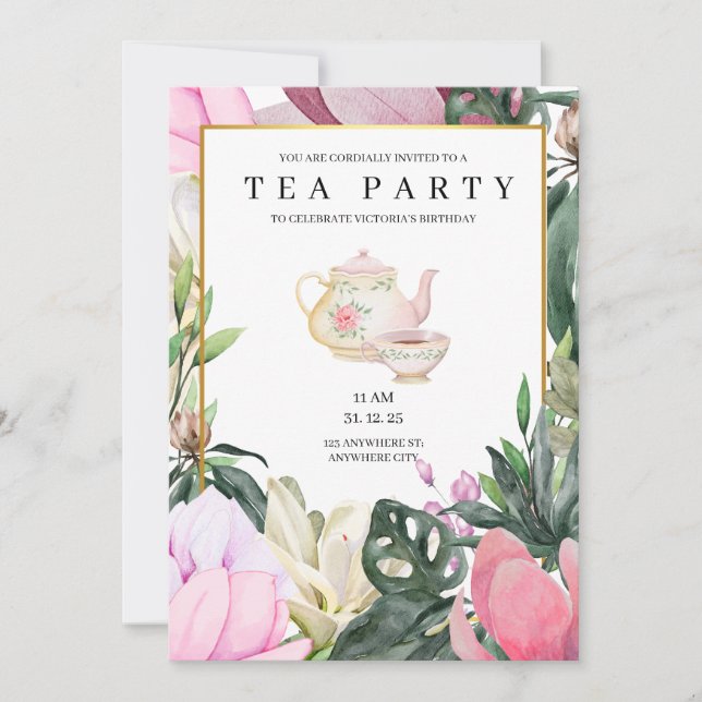 Pink Watercolor Floral Birthday Invitation Einladung (Vorderseite)