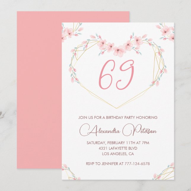 Pink Watercolor Floral Boho 69. Einladung (Vorne/Hinten)