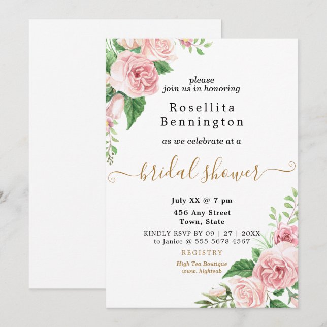 Pink Watercolor Floral Bridal Shower Einladung (Vorne/Hinten)