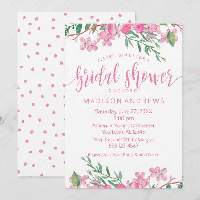 Pink Watercolor Floral Bridal Shower Einladung (Vorne/Hinten)