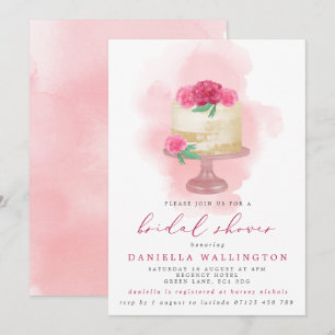 Pink Watercolor Floral Cake Bridal Einladung