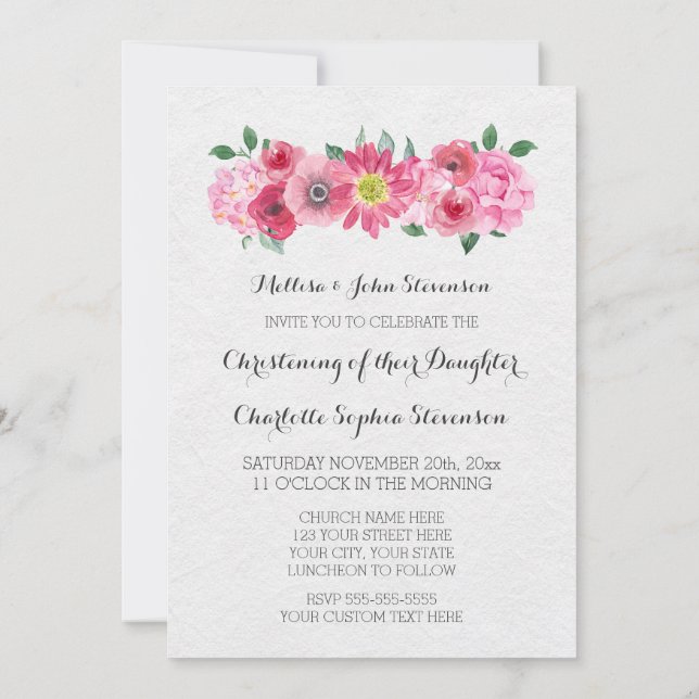 Pink Watercolor Floral Christening Einladung (Rückseite)