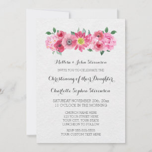 Pink Watercolor Floral Christening Einladung