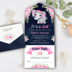 Pink Watercolor Floral Elephant Navy Baby Dusche All In One Einladung