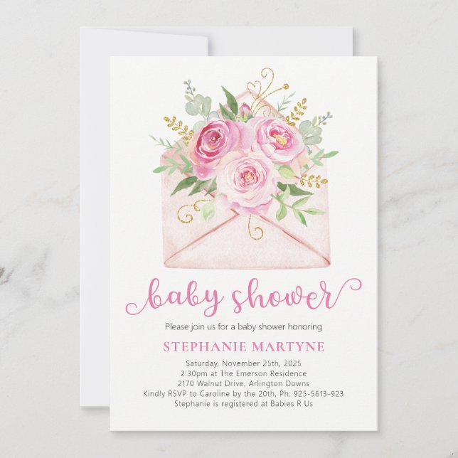 Pink Watercolor Floral Envelope Babydusche Einladung (Vorderseite)