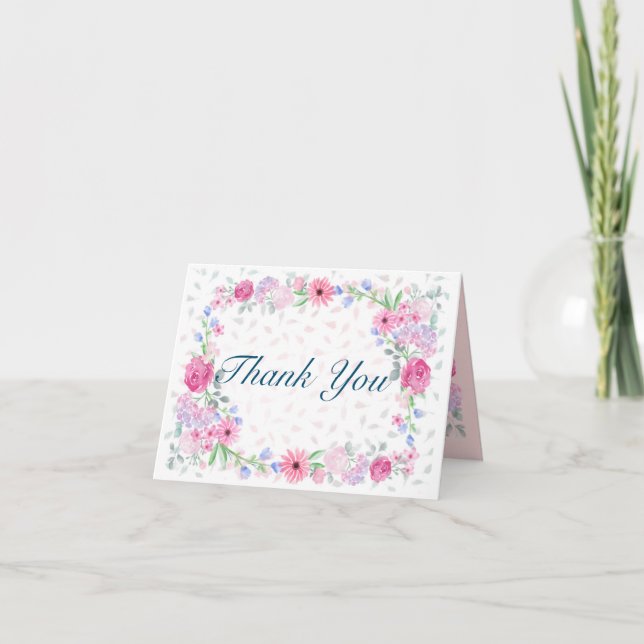 Pink Watercolor Floral gefaltet Danke Karte (Vorderseite)