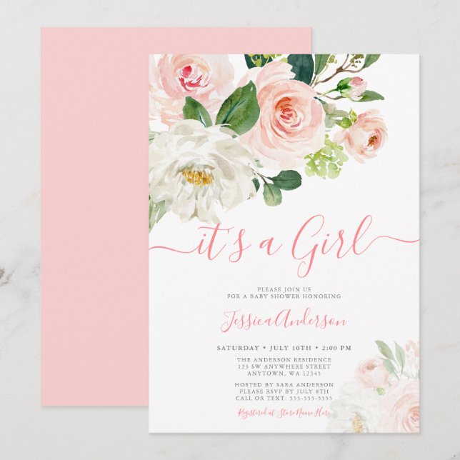 Pink Watercolor Floral Girl Babydusche Einladung (Vorne/Hinten)