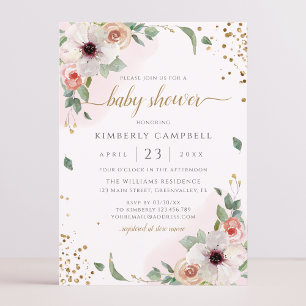 Pink Watercolor Floral Girl Babydusche Einladung