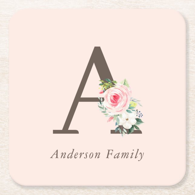 Pink Watercolor Floral Monogram Rechteckiger Pappuntersetzer (Vorderseite)