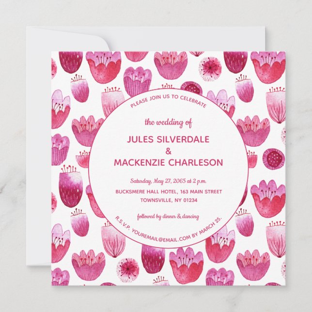 Pink Watercolor Floral Muster Hochzeit Einladung (Vorderseite)