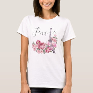 Pink Watercolor Floral Paris City T-Shirt